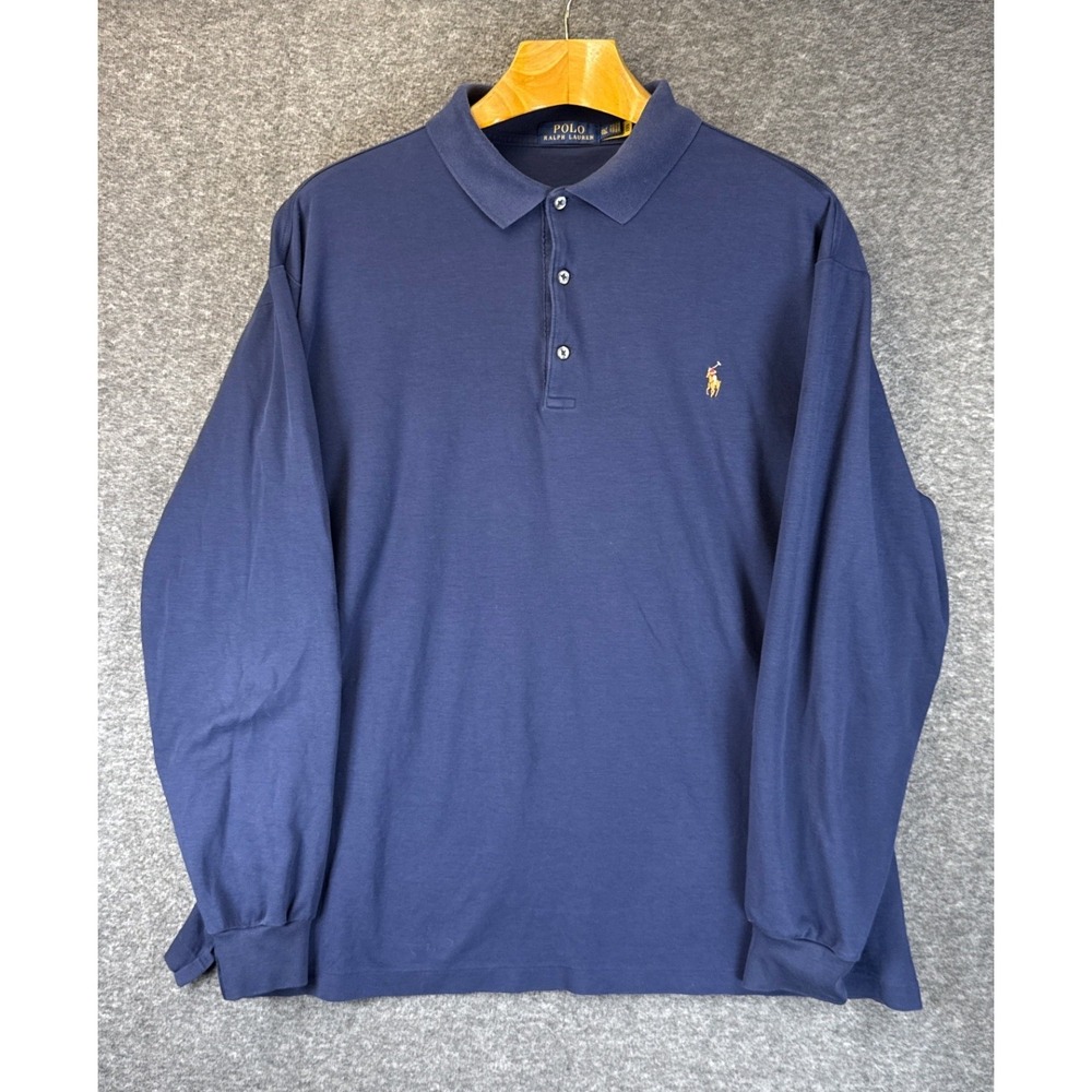 Polo Ralph Lauren Polo Shirt Men XL Tall Navy Blue Long Sleeve Cotton Flesh Pony